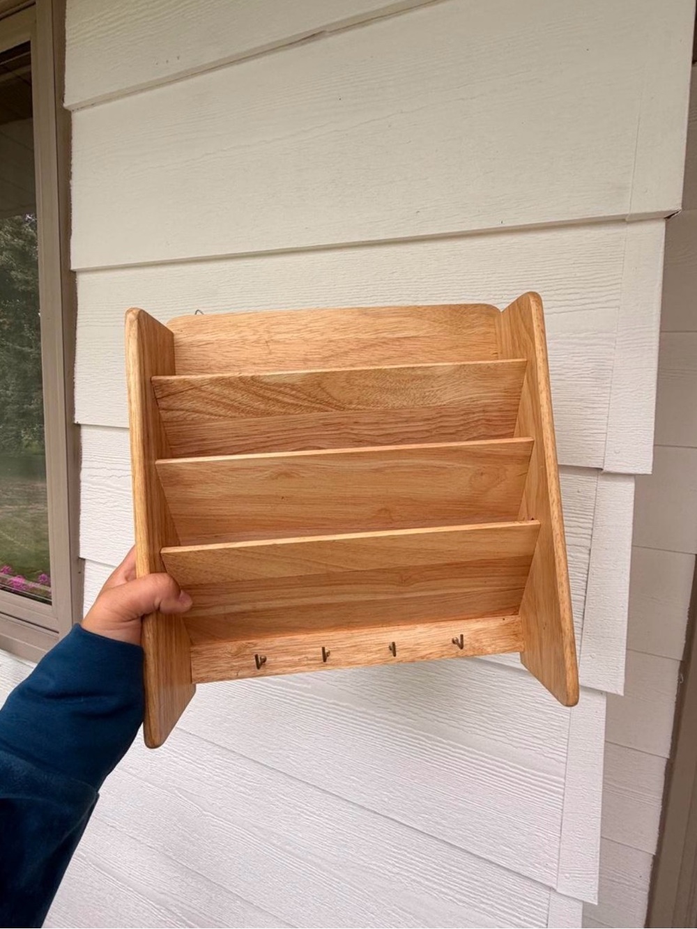 Wood Wall Mail Organizer with Key Hooks - Natural Wood